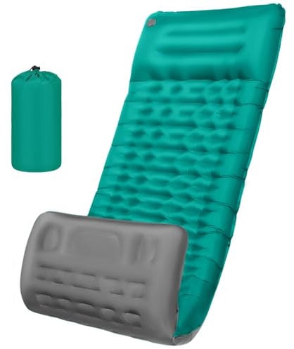 Howala Isomatte Selbstaufblasend Ultraleicht Luftmatratze Camping mit Fußpresse Pumpe Verbindlich Aufblasbare Camping Matratze mit Kissen Dicke Isomatte zum Wandern, Pfaublau+Grau