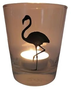 Lichtidee Teelicht Glas Windlicht Tischlicht Print schwarz mit Flamingo schwarz Herbst Handmade Unikat Maritim Geburtstag Ostern Muttertaggeschenk, Höhe 8cm,