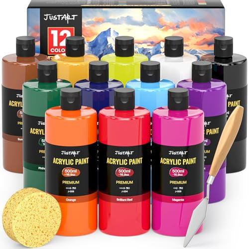 JusArt Acrylfarben set,mit 12 acryl Farben (je 500ml),ungiftig Acrylic Paint,Wasserfest und Lichtecht,für Künstler,Holz, Stoff,leinwand,Leder und Stein