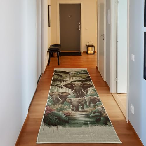 ABAKUHAUS Elefant Dekorativer Teppich, Wilde Natur Baumstamm Tiere, Hochwertiger Flächenteppich für Schlafzimmer und Wohnzimmer, 76x229 cm, Jadegrün Karamell