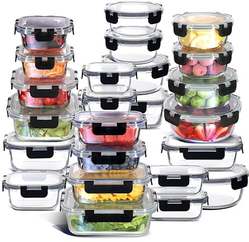 EATEX 12-Pack Glass Food Storage Containers with Lids, Airtight Glass Meal Prep Containers, Reusable Glass Food Containers with Leakproof Snap Lock Lids, Oven Microwave Freezer Safe Lunch