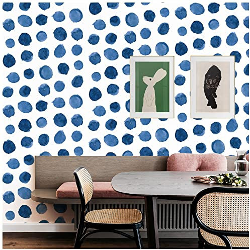 Selbstklebende Tapete Blau Weiß,44.5 x 500cm Tapete Blau Geometrisch Tapete Punkte Klebefolie Möbel Vintage Klebefolie Tapete Möbelfolie Selbstklebend für Badezimmer Wohnzimmer Schlafzimmer Küche