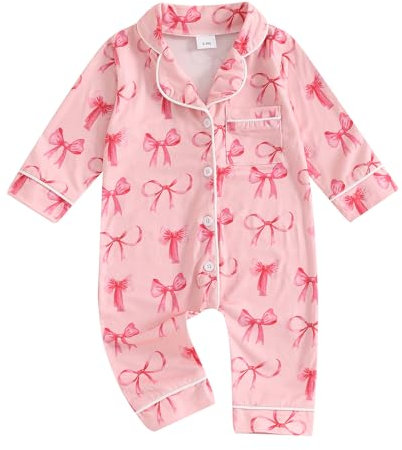 MAHUAOYIXI Toddler Girls Sleepsuits Long Sleeve Pyjama Sets Bow/Strawberry Print Button Down Romper Infant Jumpsuit Newborn Baby Clothes Sleepwear (Pink, 6-12 Months)