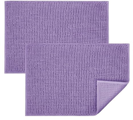 BedLooms Lilac Bath Mat Non-Slip Anti Mould, 2 Pack 50x80cm Chenille Bathroom Mat, Ultra Soft Machine Washable Bath Mats Water Absorbent Shower Mat