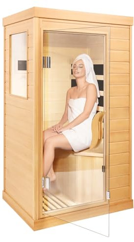 Infrarotkabine Infrarotsauna für Zuhause 1 Person Trockensaunaraum aus kanadischem Hemlockholz mit geringem EMF Privatsauna für den Innenbereich mit Bedienfeld, Bluetooth-Lautsprechern, LED-Leuchte