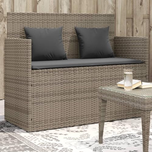SDWEHO7 Gartenbank mit Stauraum & Kissen, Balkonbank wetterfest, Terrassenbank, Garten-Relaxbank, Lounge-Bänke, GartenMöbel, Outdoor-Bank, Sitzbank, Grau Poly Rattan 120 x 50 x 90,5 cm