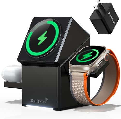 ZEEHOO Chargeur Induction avec iPhone, 15W Chargeur sans Fil QI2 Chargeur Mag-Safe pour Apple Watch, pour iPhone 16, 15, 14, 13, 12, AirPods