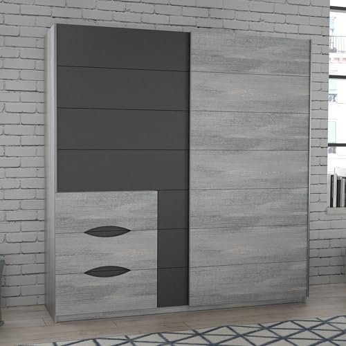 FORTE Universe Kleiderschrank 200, Moderner Schrank mit 2 Schwebetüren und 3 Schubladen, Holzwerkstoff, Nordisch Eiche Dekor/Unigrau, 200,1 cm breit, 209,7 cm hoch, 61,2 cm tief