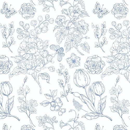 Fiula Selbstklebende Tapete Klebefolie Möbel Blau und Weiß 44x3M Blumen Möbelfolie Selbstklebend Wandpapier Vintage Tulpen Schmetterlinge Wohnzimmer Schlafzimmer Wasserdicht Blumentapete Wallpaper