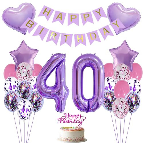 ZWWsullo Palloncino 40 compleanno, in pellicola, decorazione per anni, compleanno, decorazione per ragazze, palloncini viola, Happy Birthday, 40 pezzi, decorazione di compleanno, viola, decorazione di