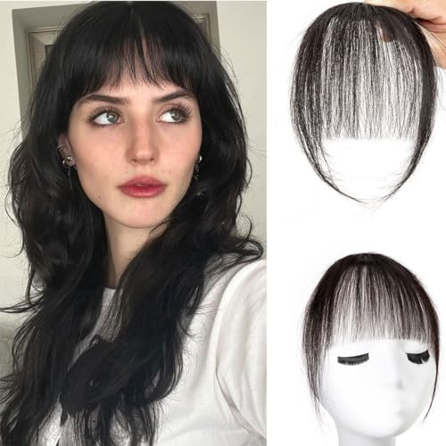 Pony-Haarverlängerung mit Clip, 100% Echthaar, für Damen, für den täglichen Gebrauch (A-Natural Black, Wispy Bangs)