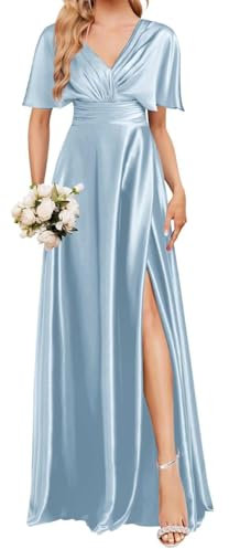 YIANN Satin Light Blue Bridesmaid Dresses with Sleeves for Wedding A Line Ball Gown with Slit Formal Dress UK24