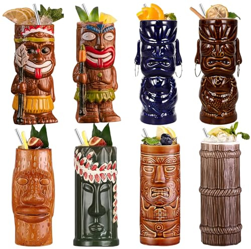 USEEKRIL Cocktail Tiki Mugs Set di 8 bicchieri da cocktail in ceramica hawaiana per feste e bar tropicale Tiki Mai Tai