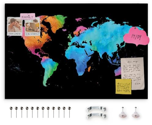 decomonkey Pinnwand Weltkarte zum Pinnen, 120x80 cm, farbige Karte schwarz | Leinwand, Wandbilder, Landkarte, XXL, Wanddeko, Korktafel, World Map, Groß, Komplettbilder im Holzrahmen, aufhängefertig
