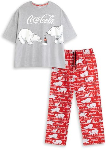 Coca-Cola Polar Bears Damen-Pyjama-Set, kurzärmlig, lang, rot/grau | Nachtwäsche und Loungewear mit Retro-Logo | Bequeme Nachtwäsche zum Entspannen Merch
