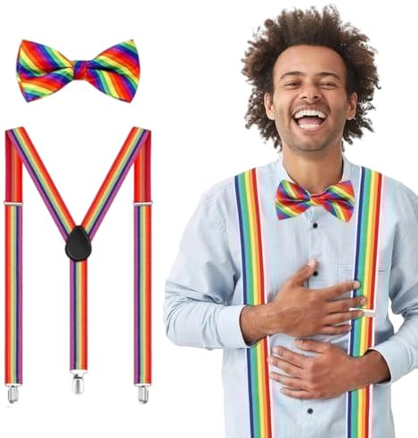 YAZWUR Hosenträger mit Fliege Set Regenbogen für Damen Herren Verstellbar Zubehör für Karneval Fasching Clown Kostüm Halloween Accessoire