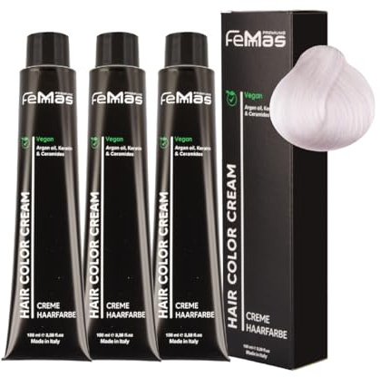 FemMas Haarfarbe 3x Spezial Blond Ultra Violett 12.02S I Creme Haarfarbe mit Arganöl, Keratin & Ceramiden I dauerthafte Haarfärbung oder Tönung für strahlende Farbergebnisse I 100 ml