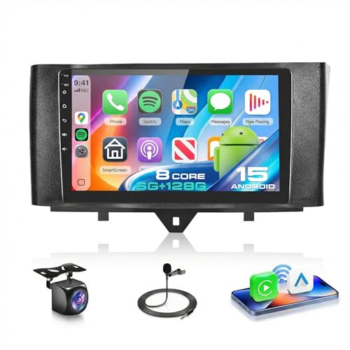 VECHTEL 8 Kern 6G+128G Autoradio Android 15 für Mercedes-Benz Smart Fortwo W451 C451 A451 2011-2015, 9'' IPS HD Touchscreen mit Drahtlos Carplay Android Auto DSP GPS Wi-Fi USB Bluetooth FM RDS Kamera