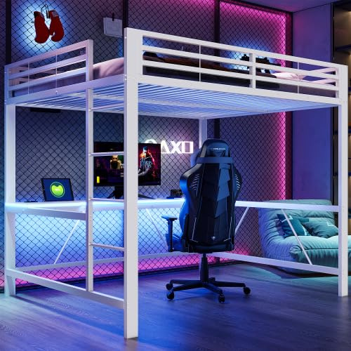 Cayipng Letto a soppalco 160x200 con striscia led,USB,letto a castello bambini con scrivania Salvaspazio,rete letto in metallo da gioco con sponda,Senza materasso,atto a camere da letto,ecc(Bianco)