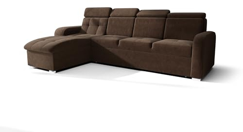 O-Sofa Ecksofa Kongo RBN10, Eckcouch in L-Form mit Schlaffunktion, Farbe: Dunkelbraun, Velourstoff, Ottomane Links