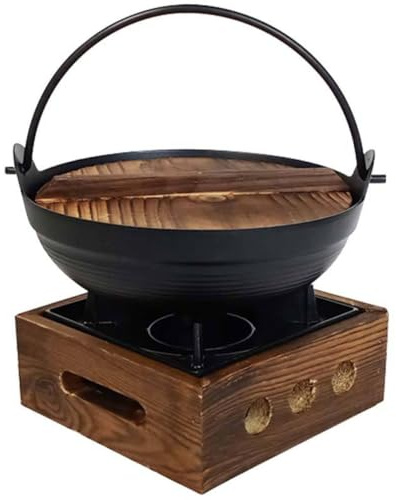 NULYLU Olla Japonesa de Hierro para Shabu-shabu con Soporte, Ligera | Hierro y Madera, Resistente a Grietas Óxido, Aislamiento Térmico, para Ramen, Arroz, Picnic