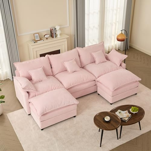Litbird U-förmiges modulares Sofa 3-Sitzer Ecksofa mit Hocker, tiefes Sitzdesign, Cloud Couch für Wohnzimmer (Hellrosa)