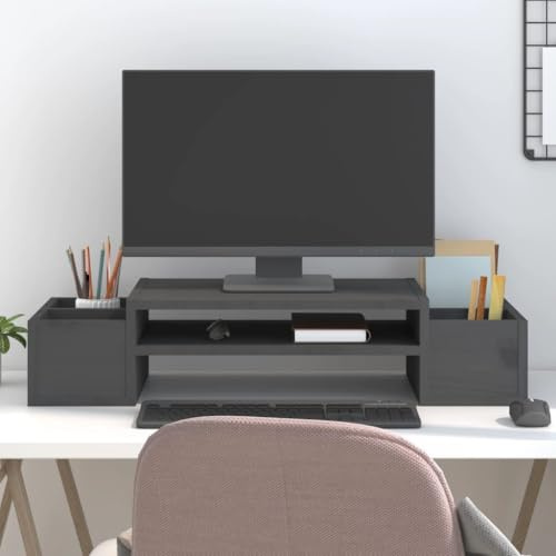 QUAHEAS Monitor Stand Grey Solid Pine 70 x 27.5 x 15 cm with Storage Compartments for PC, Laptop, Tablet, Ergonomic Riser for Office, Home Office, Gaming, Space-saving and Stable