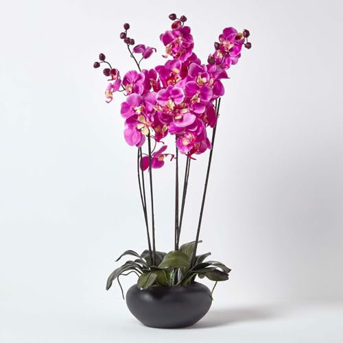 HOMESCAPES Large Oriental Style Cerise Orchid with Silk Flowers in Black Round Planter Pot 79 cm tall - Artificial Flowers and Plants for Indoor Decoration