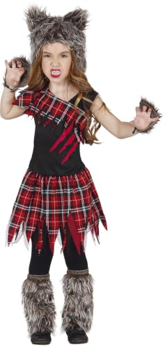 FIESTAS GUIRCA | Schottischer Wolf Kostüm für Kinder - Kapuze, Stulpen, Handschuhe und Kleid - Wolf- und Tierkostüme für Halloween, Karneval und Kostümpartys - Ideal für Mädchen - Schwarz und Rot