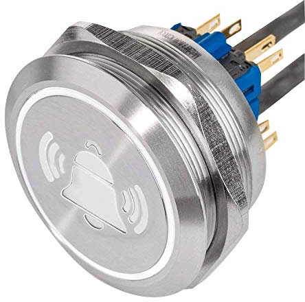 XL LED-Drucktaster mit Klingel Symbol aus V2A Edelstahl Einbaudurchmesser Ø 40 mm mit farbig beleuchtetem, flachen LED Taster, wasserdicht nach IP67, AC/DC (Weiß)