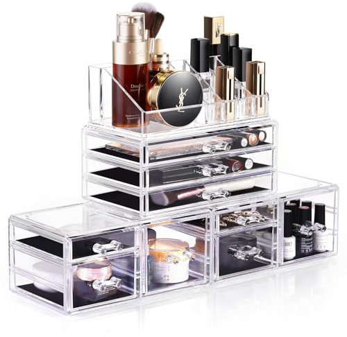 Dream Master - Organizador de maquillaje, 4 piezas, acrílico para joyas y cosméticos, cajas de exhibición con 9 cajones
