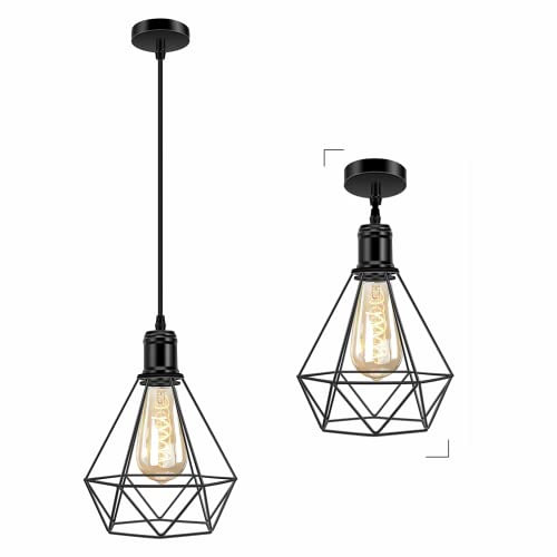 Vintage Pendant Light Black Cage Ceiling Hanging Light Adjustable Metal Basket Pendant Light Fitting for Kitchen Island Bedroom Bar Cafe Hallway, Metal E27 Lampholder, Large Size (No Bulb)