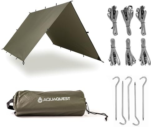 AquaQuest Defender wasserdichte Campingplane - robuster Zeltunterstand oder Regenschutz - Wandern, Bushcraft und Hängematte, 4 x 3 m Olivgrün Kit