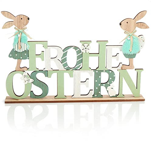 com-four® Deko Aufsteller für Ostern - Schriftzug mit Osterhasen - Osterdeko zum Hinstellen - Osterdekoration aus Holz (01 Stück - grün/weiß/braun)
