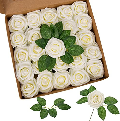 Künstliche Blumen Rosen, 25 Stück Fake Rosen mit Stielen, Foamrosen Rosenköpfe, Schaumrosen für Hochzeit Blumensträuße Braut Zuhause Dekoration (Milchig Weiß)