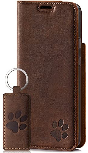 SURAZO Smart Magnet Handyhülle für Samsung Galaxy S21 5G – Premium Echtleder Hülle mit Pfote Motiv - Klapphülle mit [Kartenfach, RFID Schutz] – Schutzhülle Wallet case Handmade in EU (Nussbraun)