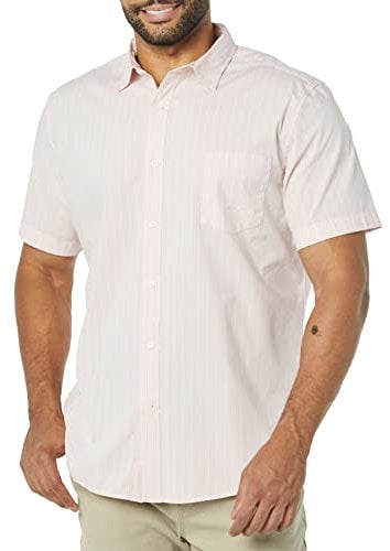 Amazon Essentials Men's Short-Sleeve Stretch Poplin Shirt (Available in Big & Tall), Pink White Double Stripe, XXL