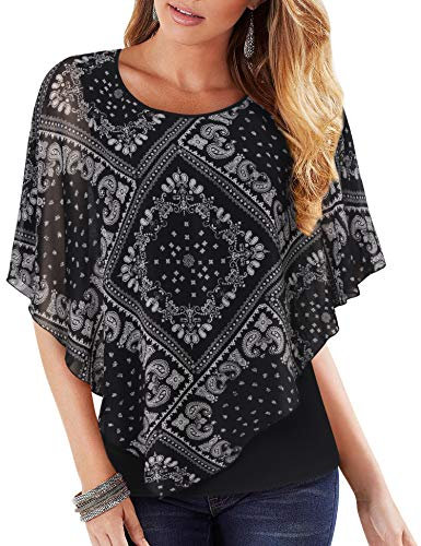 Vafoly Damenblusen und Tops Elegant Fledermaus ärmel Rundhals Lockere Blusen Doppellagig Bedruckter Chiffon Poncho Bluse Top Schmeichelnd Business Casual Mode Elegant Modlily Top Schwarz Weiß M