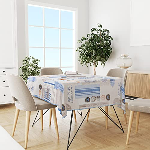 Mantel de Mesa Rectangular Hule Impermeable y Antimancha de 80x180/100x200 cm con Tejido Bies y Estampado (Board de Mer, 140x240cm)