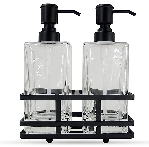Quadratisches Glasspender-Set für Lotion- und Seifenspender mit Metallständer, Caddy für Badezimmer, Bad, Küche, Zuhause, Büro, Reisen, Hotel, handgefertigt, schweres Gewicht