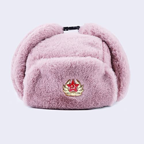 DEPAJA Russische Mütze Sowjetisches Abzeichen Uschanka Flieger Russische Männer Frauen Wintermützen Armee Militär Bombermütze Trapper Ohrenklappe Schnee Skimütze,Rosa,Einheitsgröße