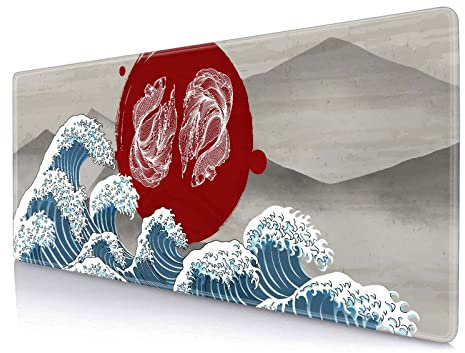 Sxckang Tapis de Souris Japonais XL - La Grande Vague de Kanagawa et Poisson Koï, Base en Caoutchouc Antidérapant pour Jeu et Clavier d'Ordinateur