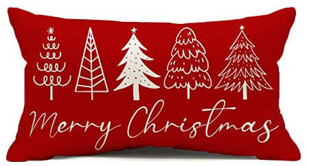 Rote Kissenbezüge, Merry Christmas, 30,5 x 50,8 cm, Weihnachtsdekoration, Kiefernbäume, Lendenkissenbezug, Winterurlaub, Weihnachten, Bauernhaus-Dekoration für Sofa, Couch