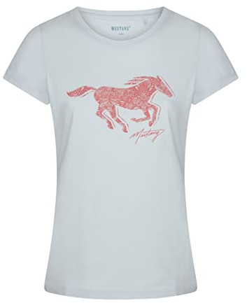 MUSTANG Damen Tshirt Rundhals O-Neck Basic Kurzarm Logo Print Sommer Shirt | 100% Baumwolle Weiß Blau Grün Rot S M L XL XXL
