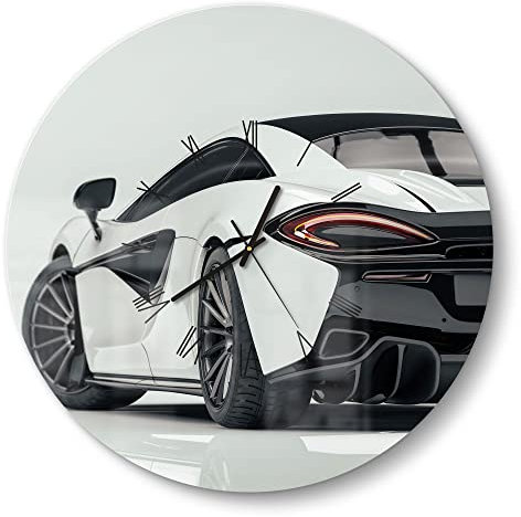 DEQORI Glasuhr | rund Ø 50 cm | Motiv Sportliches Auto | große XXL Design Uhr aus Glas | leise Wanduhr für Wohnzimmer & Küche | Moderne Hingucker Uhr für die Wand