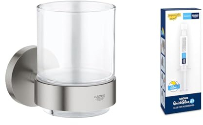 GROHE Start QuickFix Crystal Glass with Holder & QuickGlue A1 (Metal and Glass, Concealed Fastening, Including Screws and Dowels, Easy to Fit), Size 106 x 99 mm, Stainless Steel Look, 41194DC0