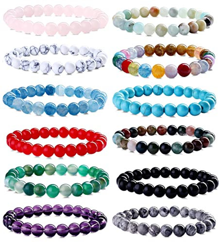 LOLIAS 12 Stück 8mm Natürliche Perlenarmbänder für Damen Herren Natürliche Kristallsteinarmbänder Stretch Statement Schutzarmband Charme Perlen Paare Armbänder Schmuck Geschenke