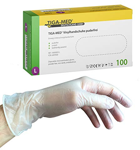 TIGA-MED Vinylhandschuhe Größe L, 4.000 Stück (40 × 100) – Puderfreie transparente Einmalhandschuhe ohne Naturkautschuklatex, lebensmittelgeeignet, EN 455