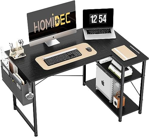 HOMIDEC L Shaped Desk 100CM Computer Desk Study Office Table Writing Table With Bookshelf Reversible Corner Workstation For Home Office