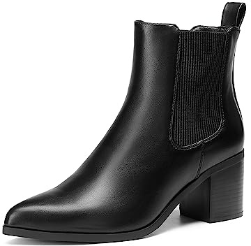 DREAM PAIRS Botas de tobillo Chelsea elásticas retro para mujer, tacón bajo y grueso, punta puntiaguda, tacón de otoño, zapatos de tacón, Negro PU, 38 EU